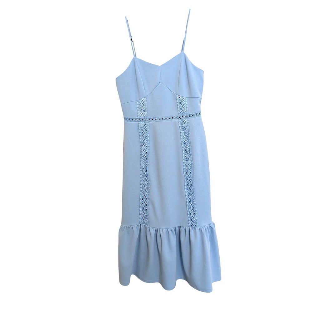 Miami Womens Blue Crochet‎ Lace Trim Midi Dress Spagetti Strap Ruffle XXS